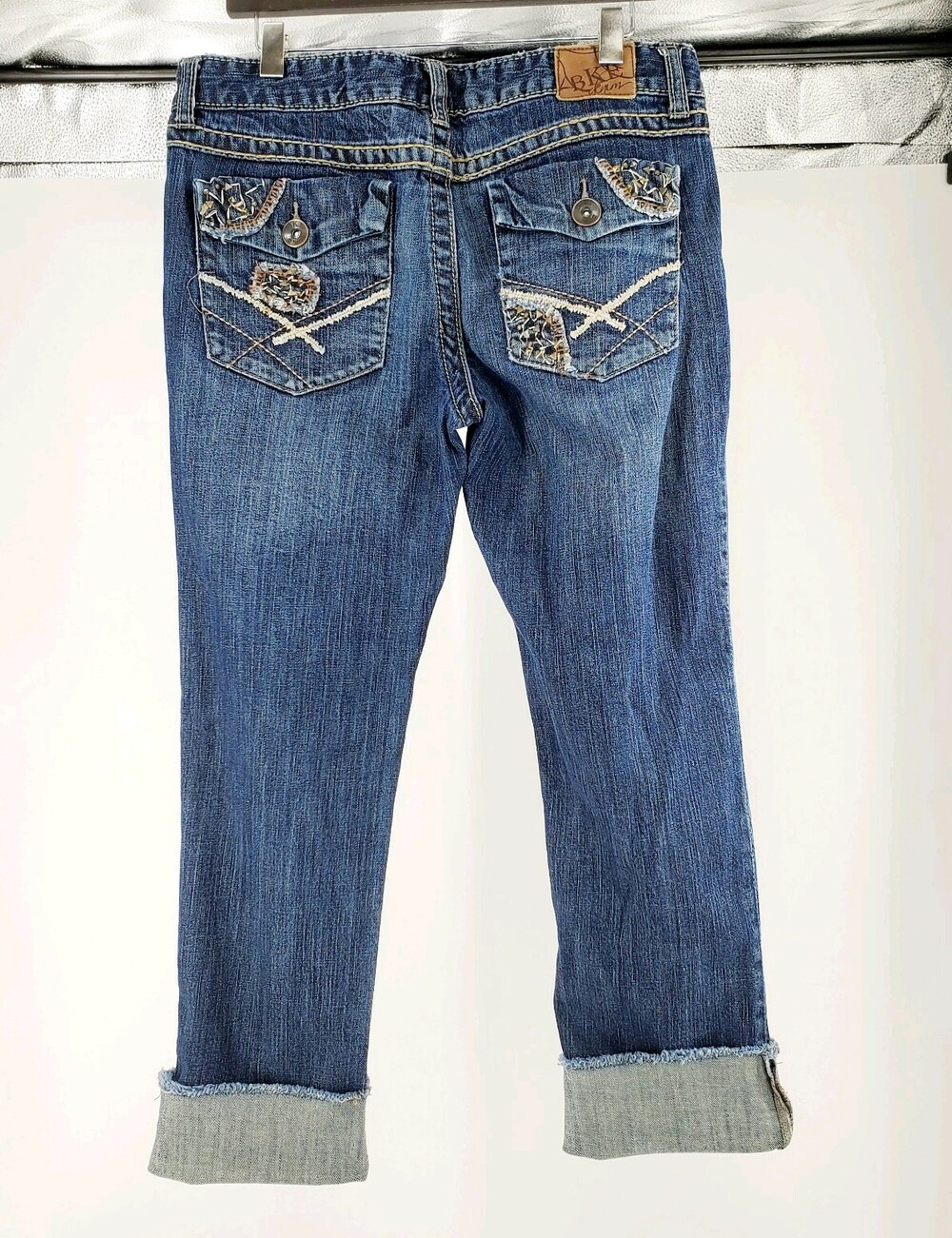 BKE Lexi Raw Hem Cuffed Crop Capri Jeans Studded Flap Pocket Thick Stitch 29